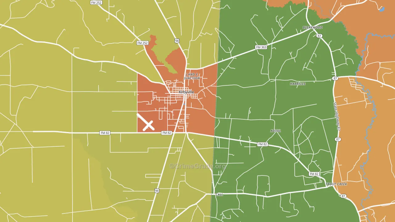 Kirbyville, TX Map of Robbery Rates
