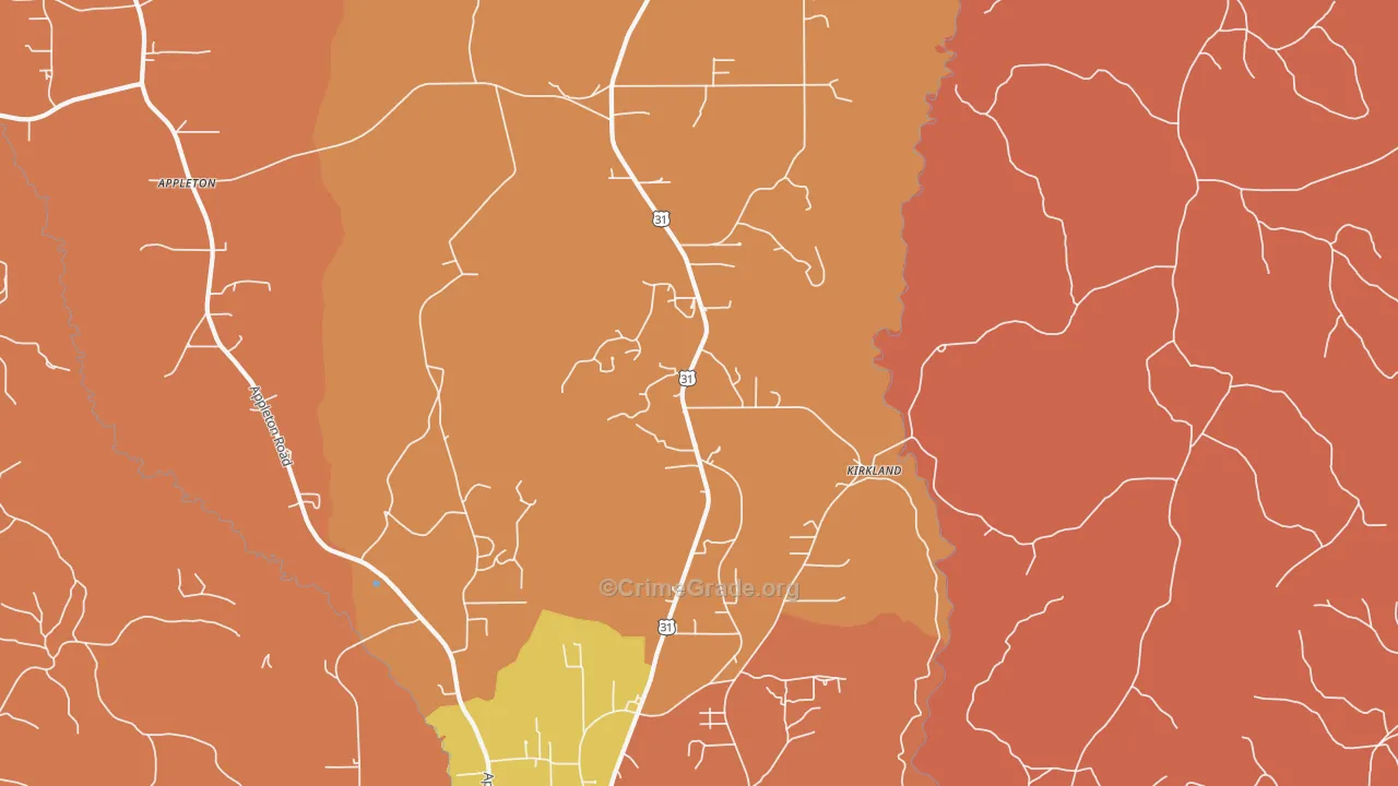 Kirkland, AL Map of Robbery Rates