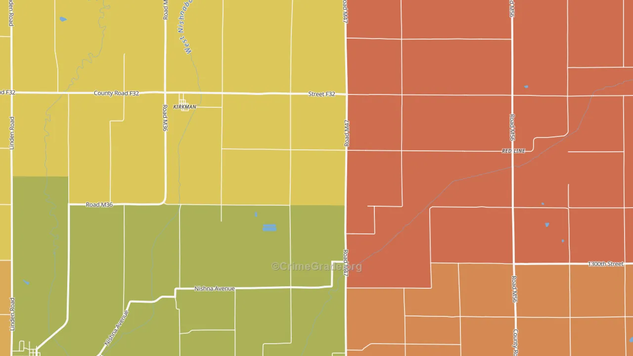 Kirkman, IA Map of Robbery Rates