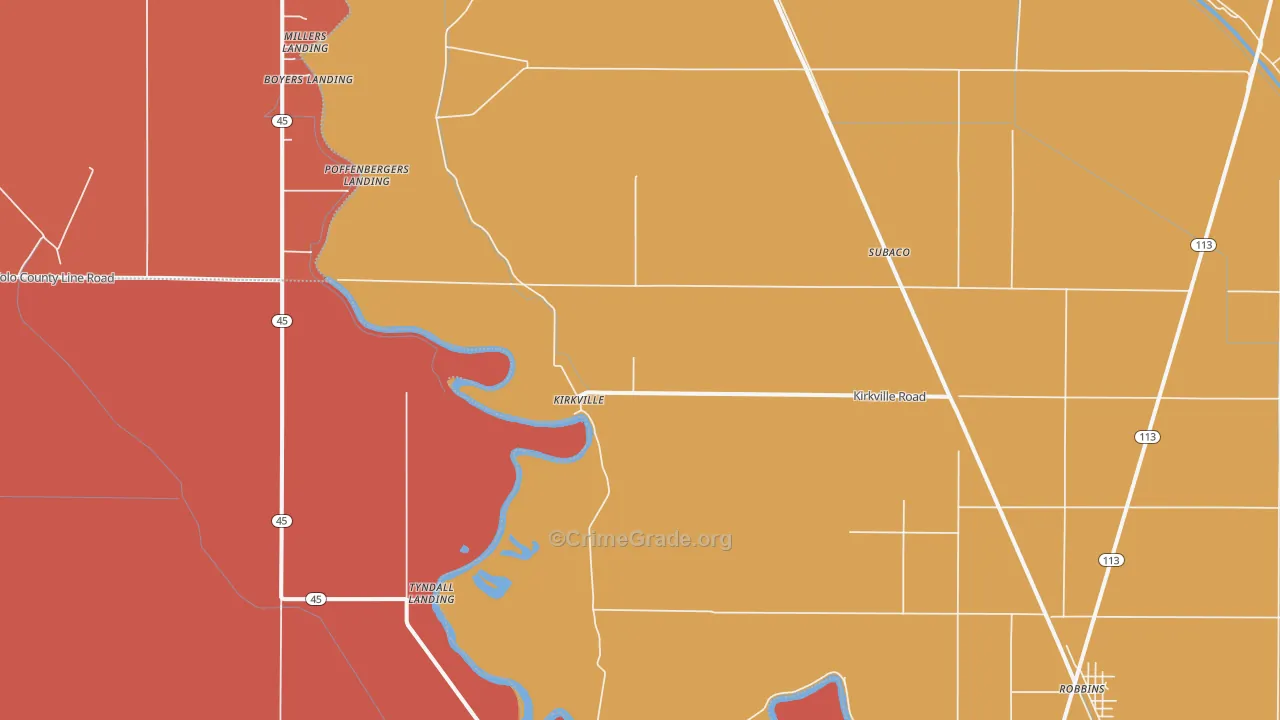 Kirkville, CA Map of Robbery Rates