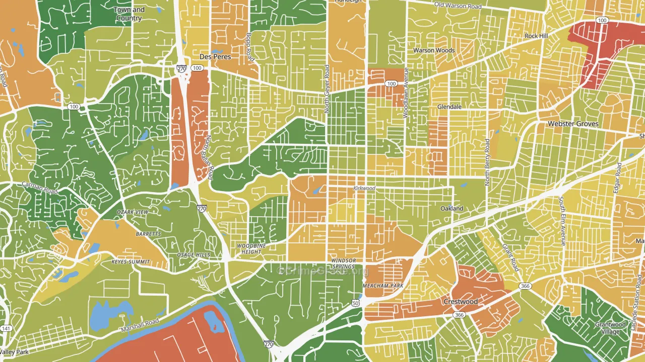 Kirkwood, MO Map of Robbery Rates