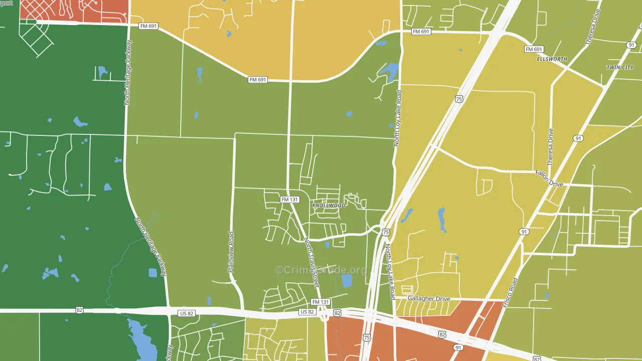 Knollwood, TX Map of Robbery Rates