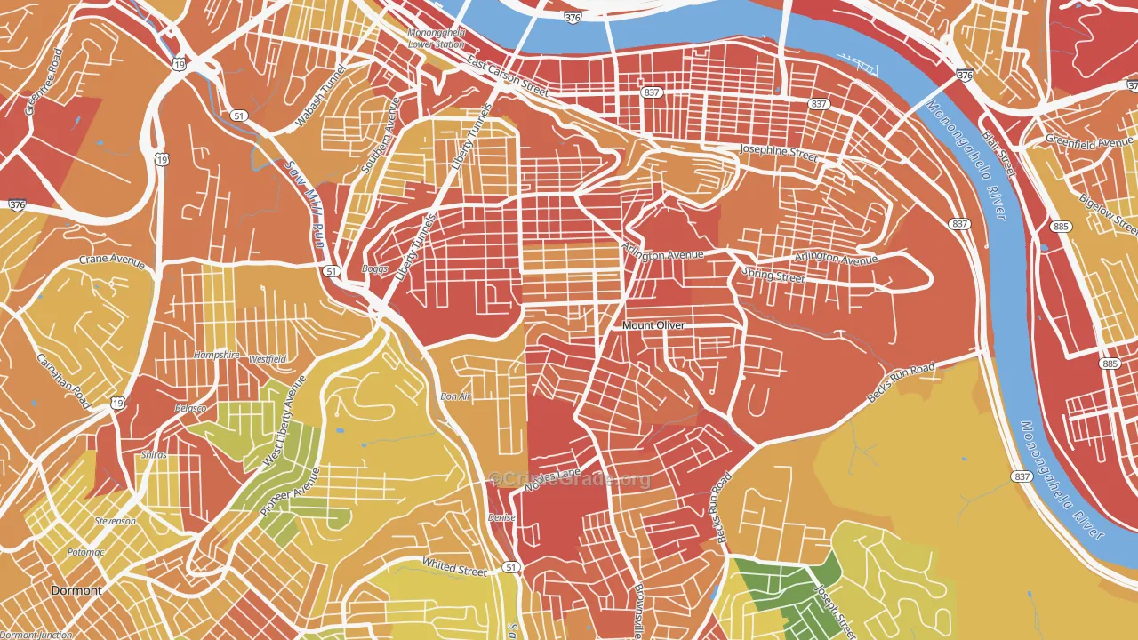 Knoxville, Pittsburgh, PA Map of Robbery Rates