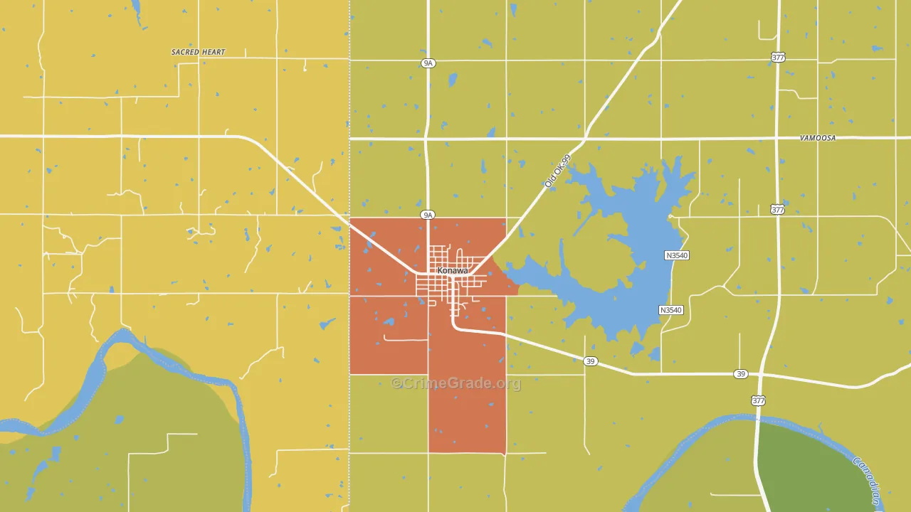 Konawa, OK Map of Robbery Rates