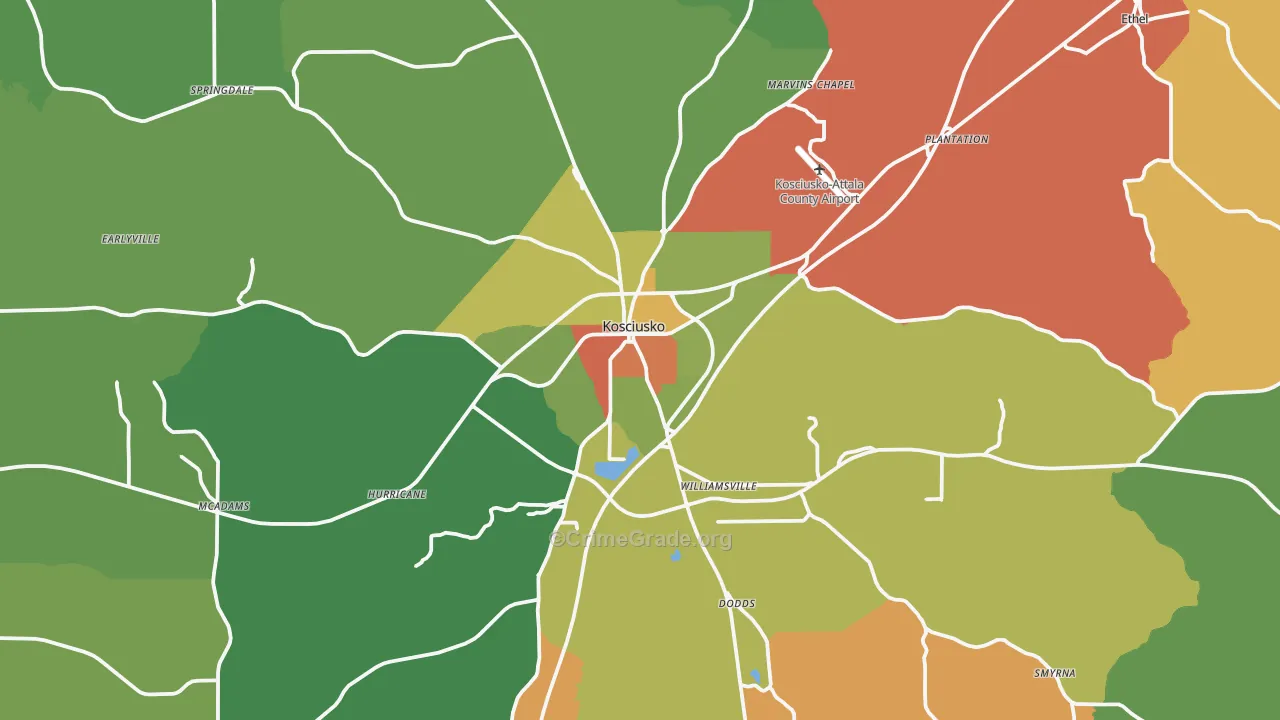 Kosciusko, MS Map of Robbery Rates
