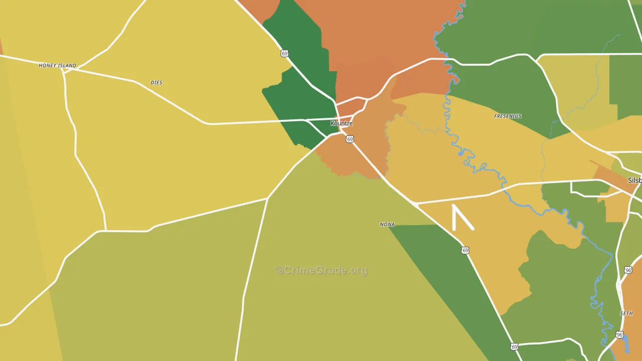 Kountze, TX Map of Robbery Rates