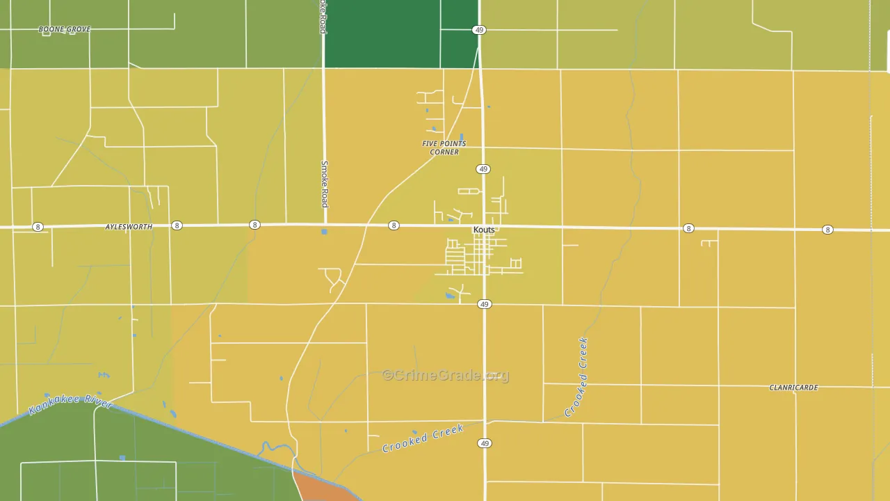 Kouts, IN Map of Robbery Rates