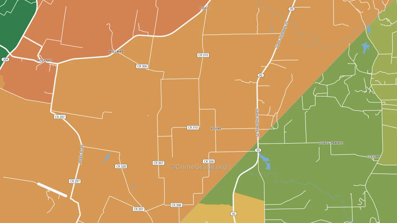 Kovar, TX Map of Robbery Rates