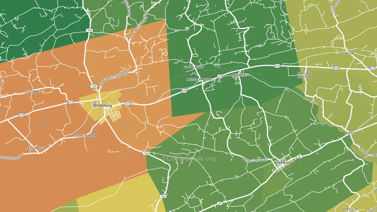 Kreamer, PA Map of Robbery Rates
