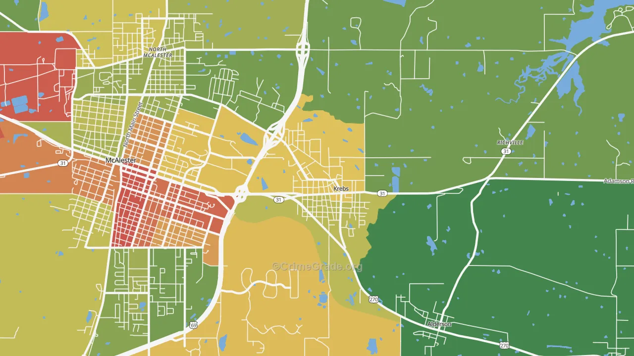 Krebs, OK Map of Robbery Rates