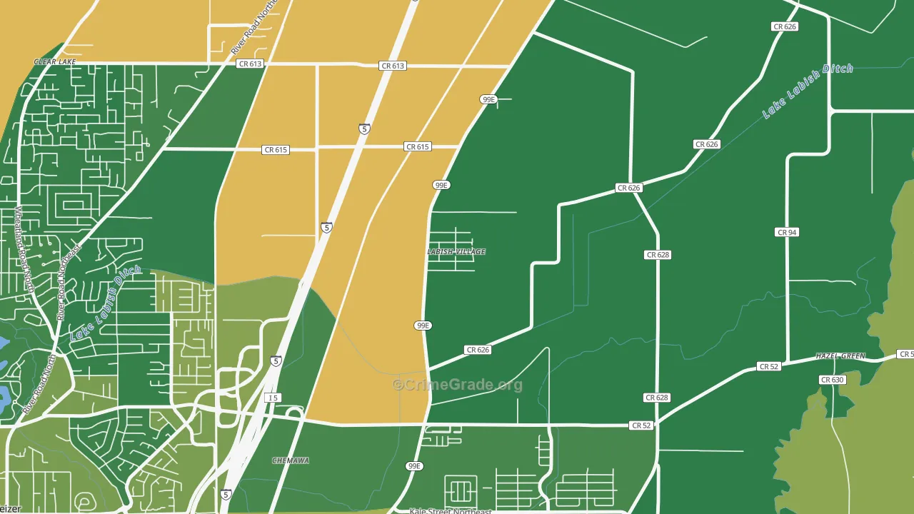 Labish Village, OR Map of Robbery Rates