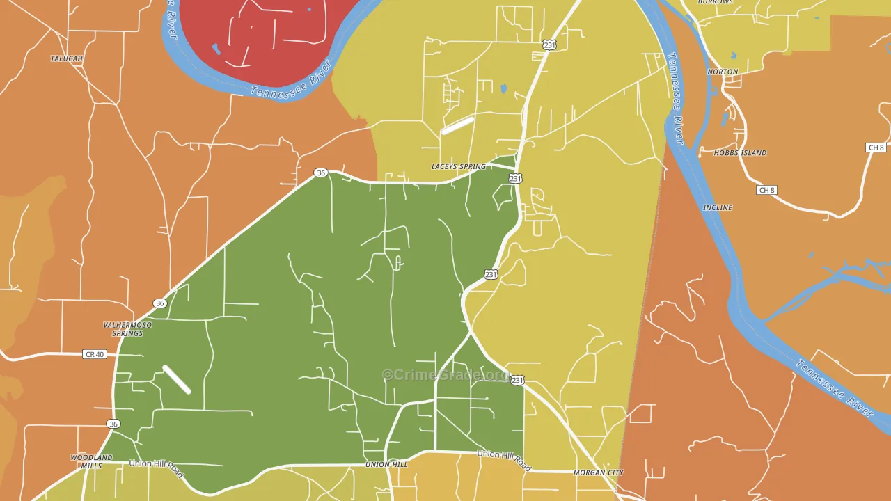 Laceys Spring, AL Map of Robbery Rates