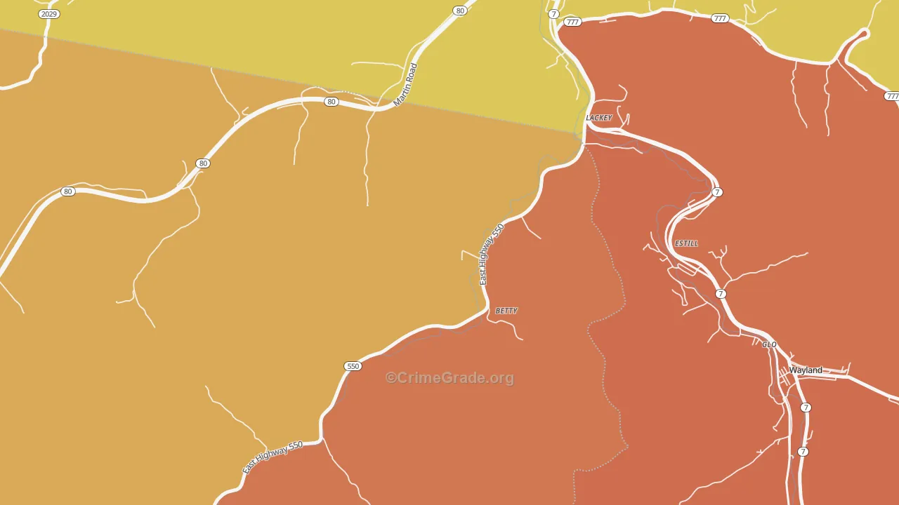 Lackey, KY Map of Robbery Rates