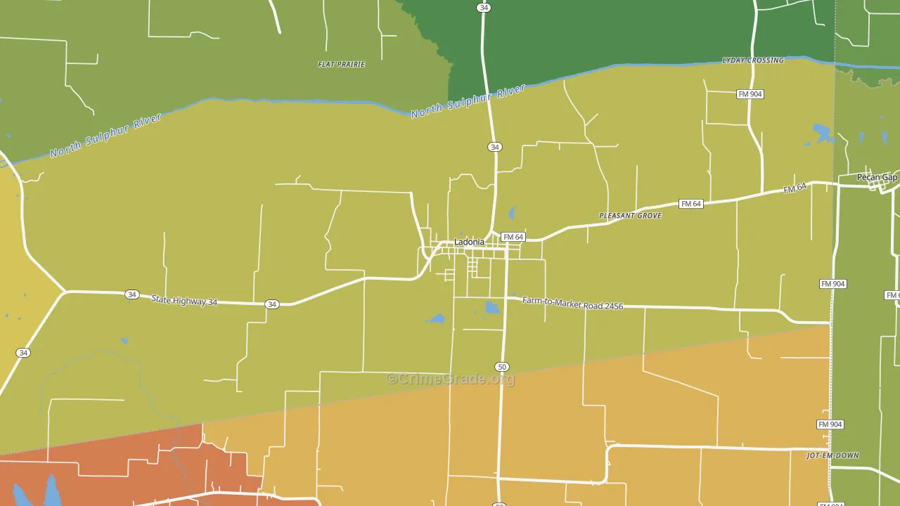 Ladonia, TX Map of Robbery Rates