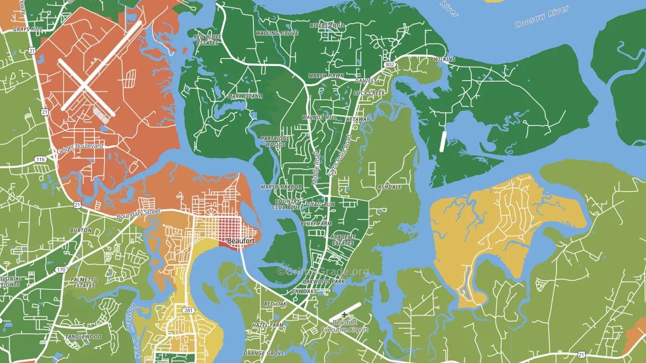 Ladys Island, SC Map of Robbery Rates