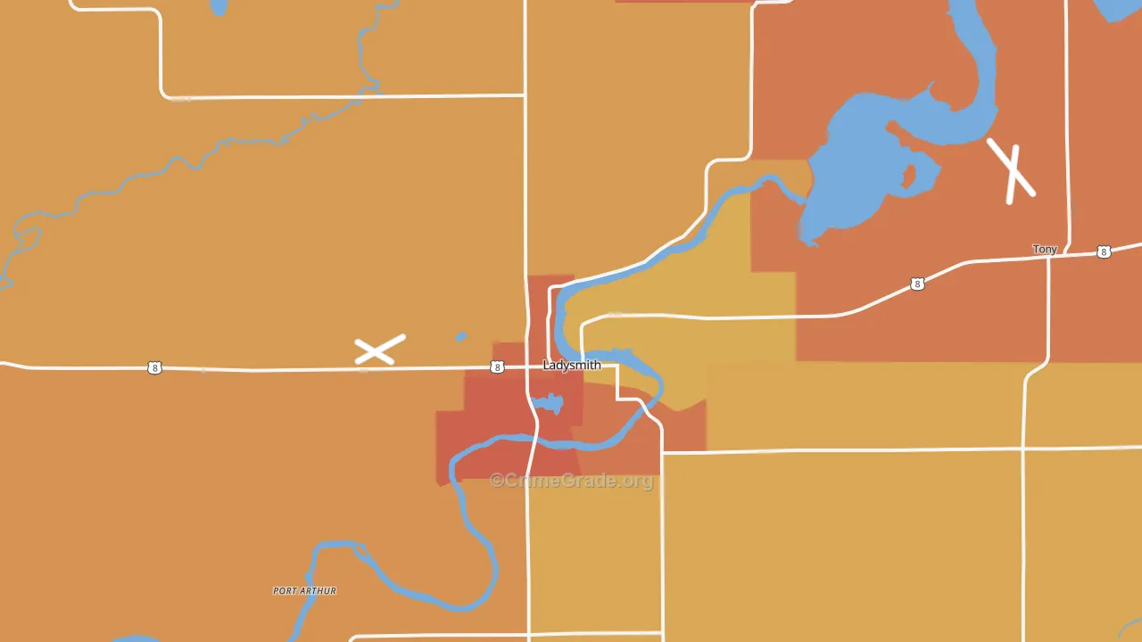 Ladysmith, WI Map of Robbery Rates