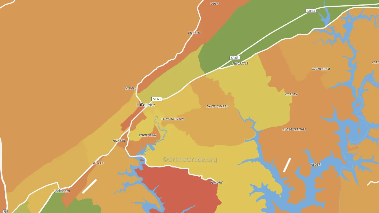 Lafollette, TN Map of Robbery Rates
