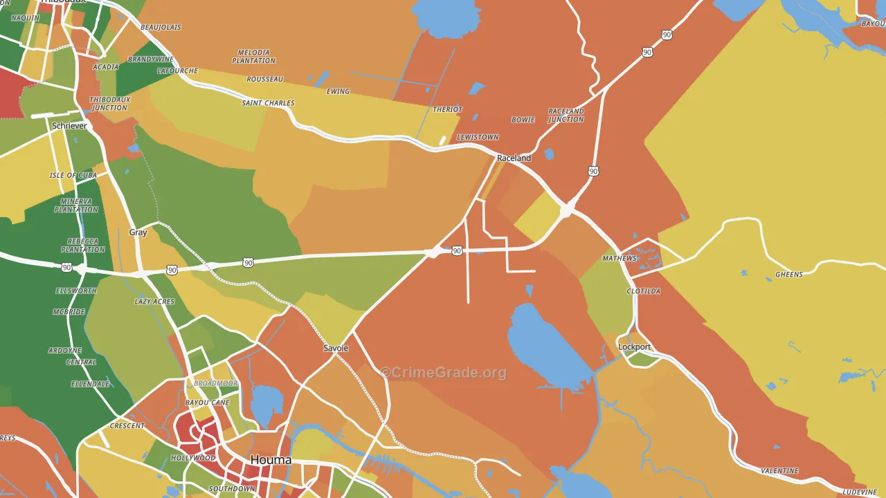 Lafourche Parish, LA Map of Robbery Rates