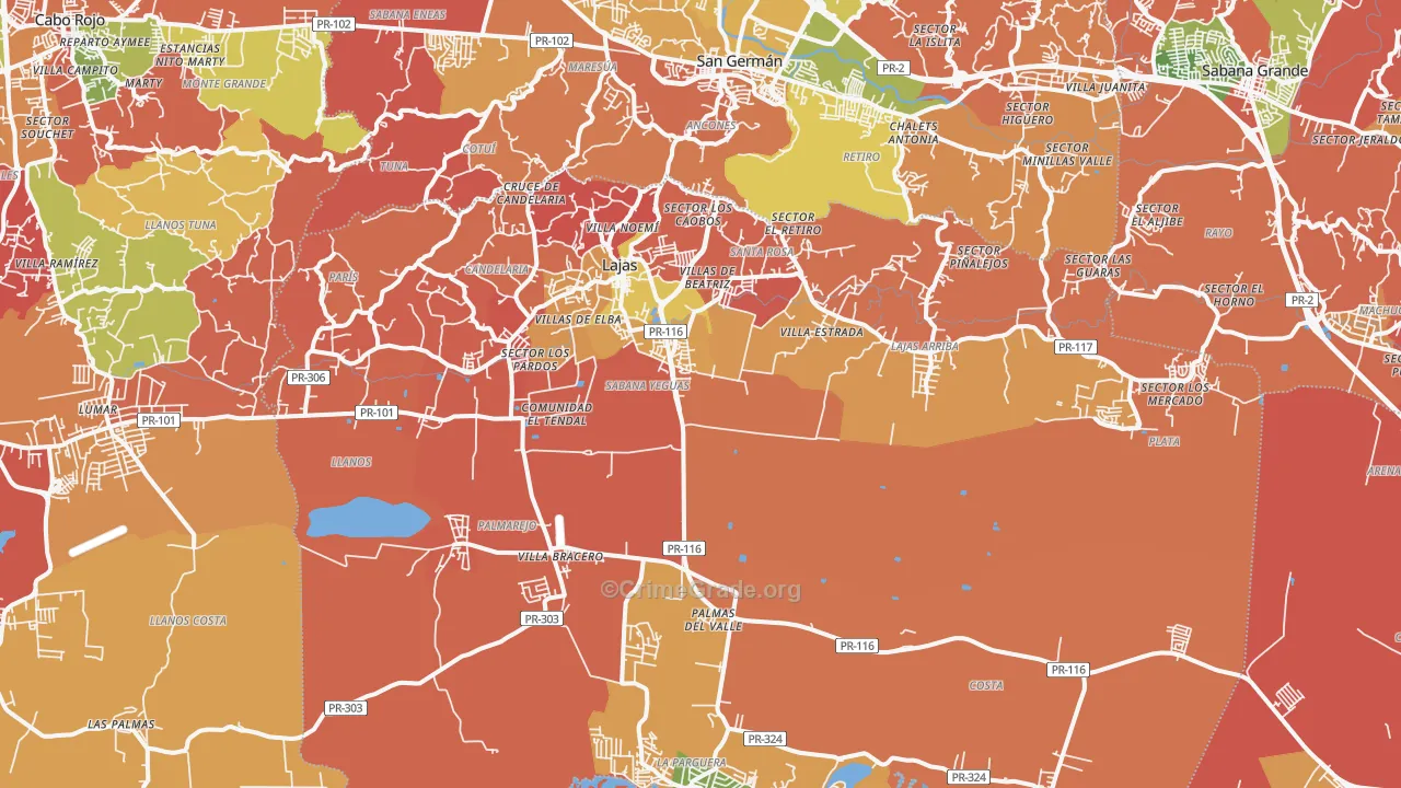 Lajas Municipio, PR Map of Robbery Rates