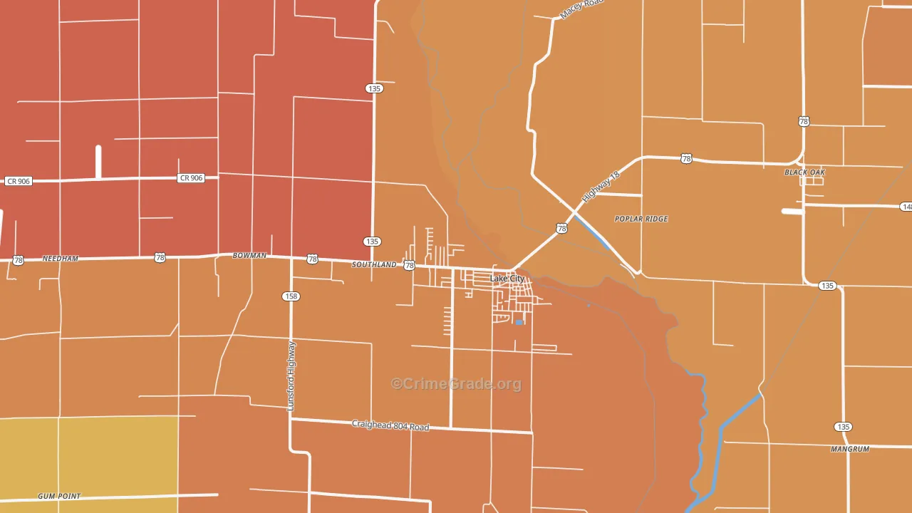 Lake City, AR Map of Robbery Rates