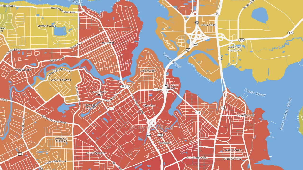 Lake Forest, Jacksonville, FL Map of Robbery Rates