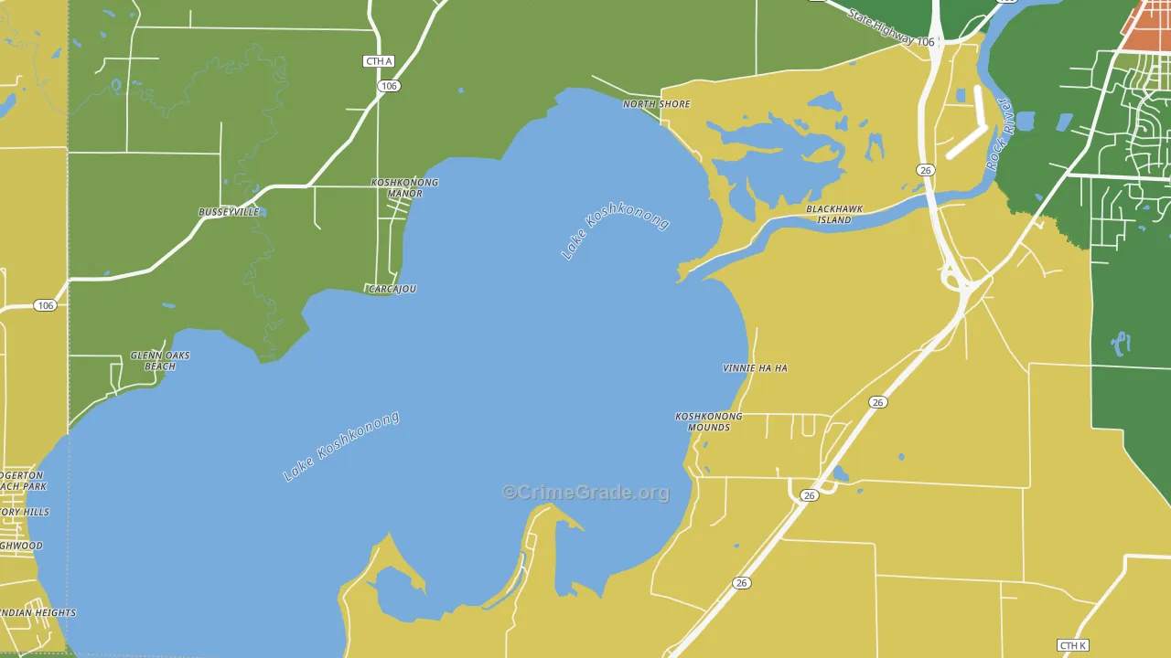 Lake Koshkonong, WI Map of Robbery Rates