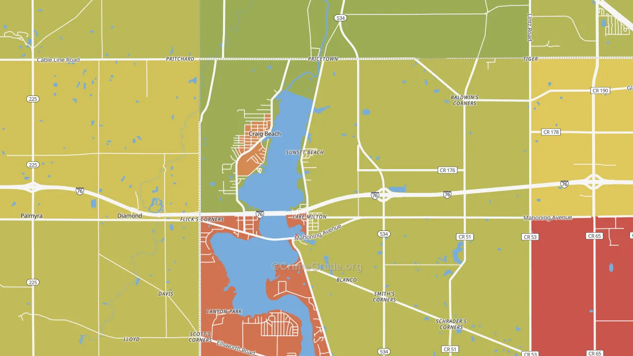 Lake Milton, OH Map of Robbery Rates