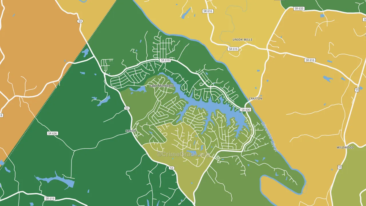 Lake Monticello, VA Map of Robbery Rates