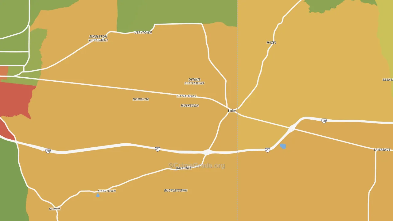 Lake, MS Map of Robbery Rates