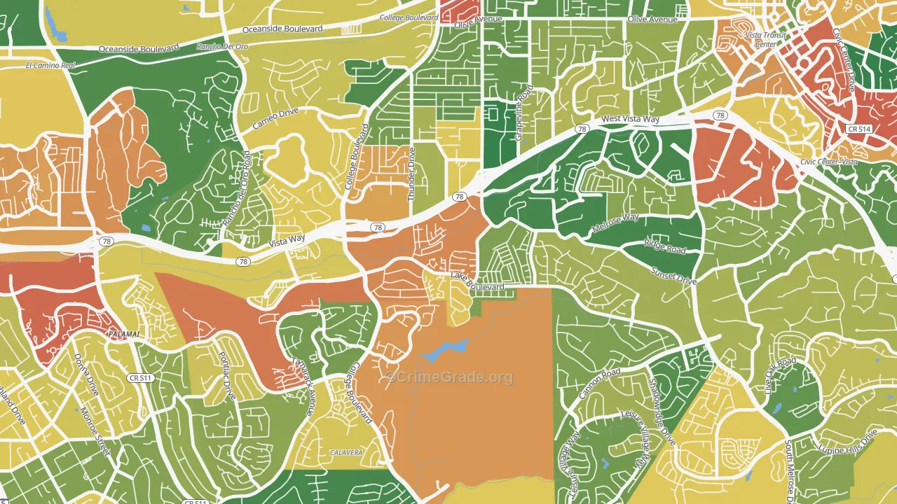 Lake, Oceanside, CA Map of Robbery Rates
