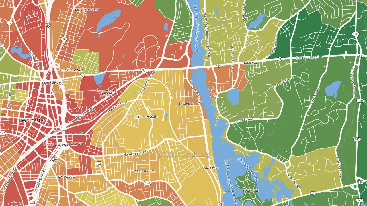 Lake Park, Worcester, MA Map of Robbery Rates