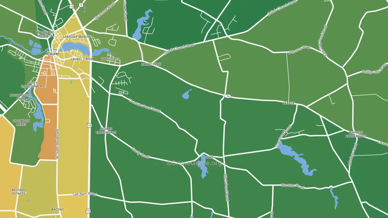 Lake Pines, DE Map of Robbery Rates