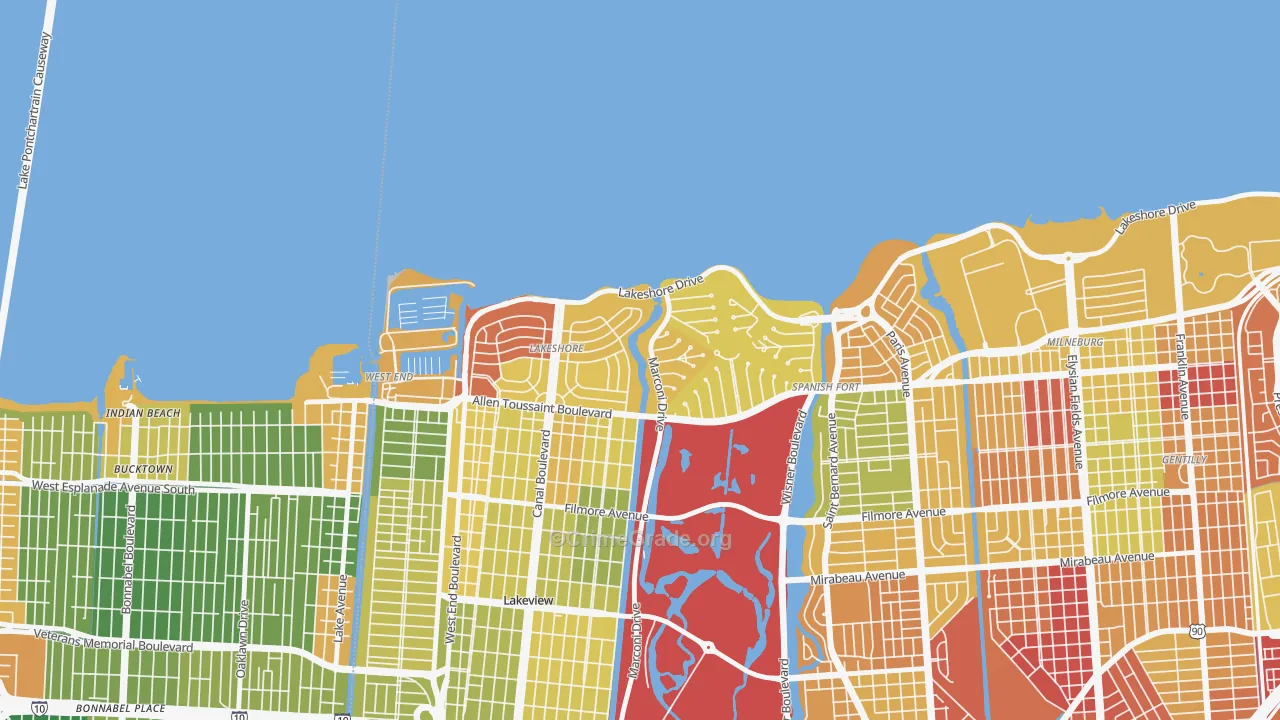 Lake Shore, New Orleans, LA Map of Robbery Rates