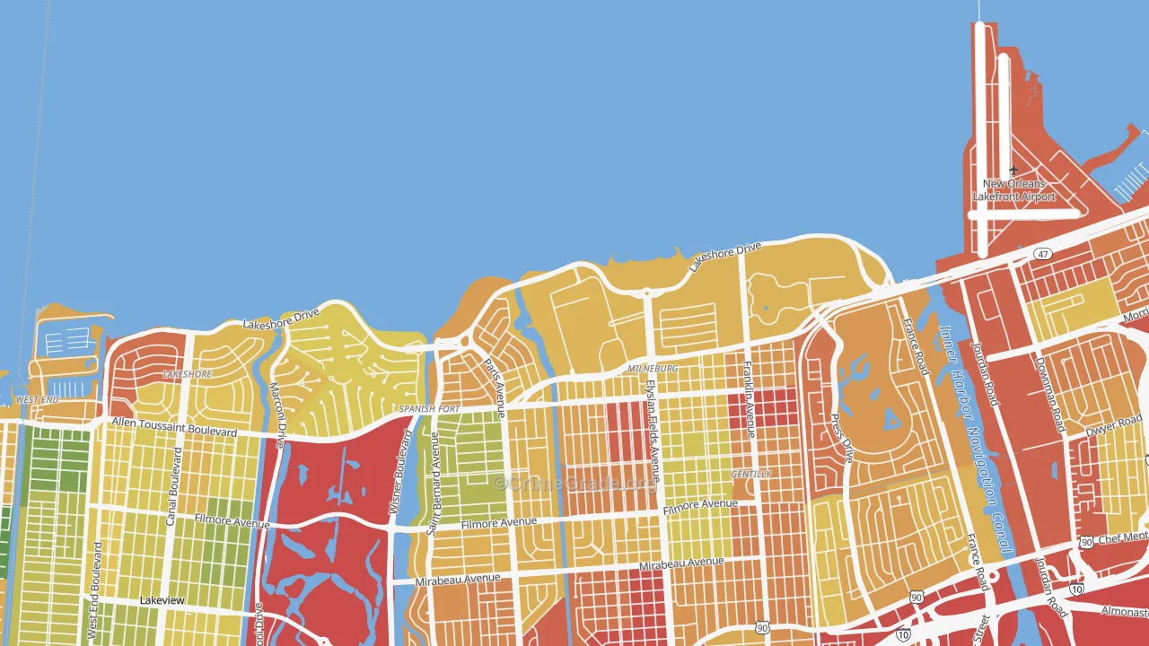 Lake Terrace and Oaks, New Orleans, LA Map of Robbery Rates
