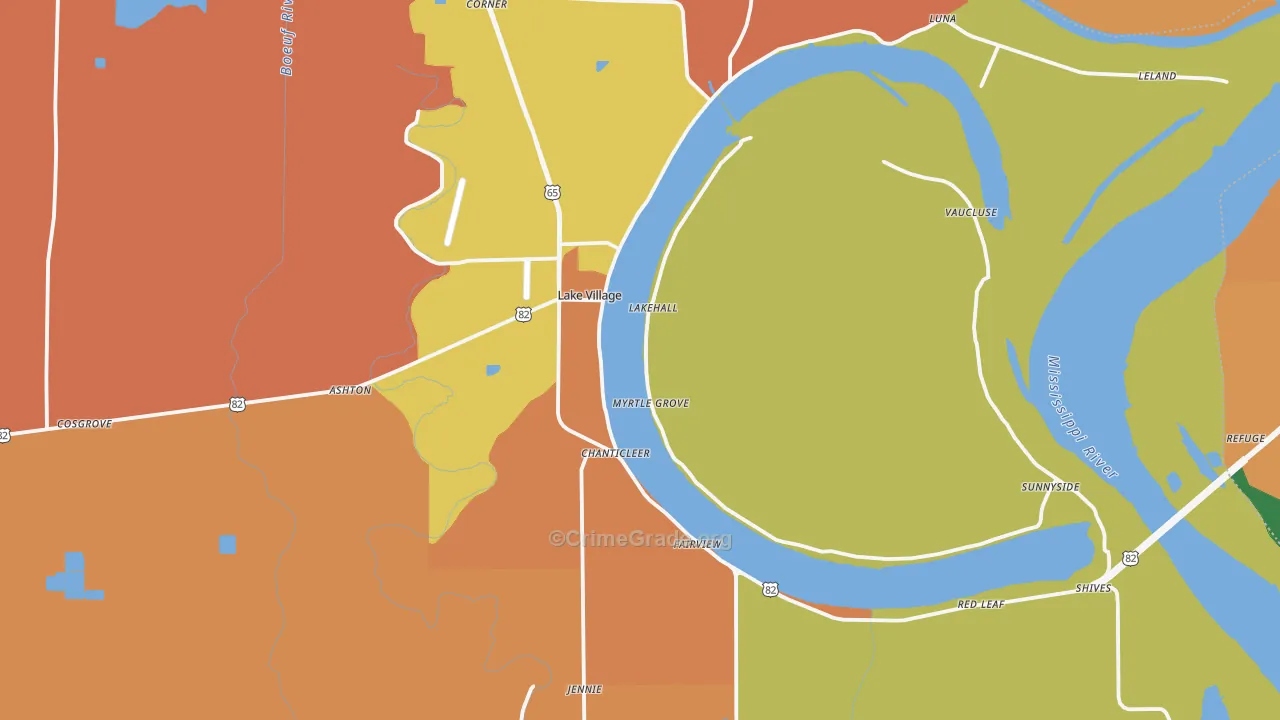 Lake Village, AR Map of Robbery Rates