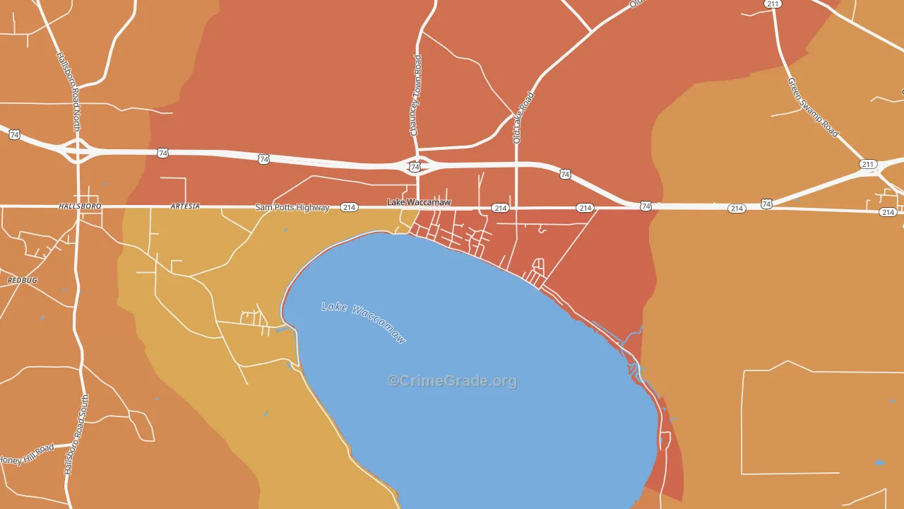 Lake Waccamaw, NC Map of Robbery Rates