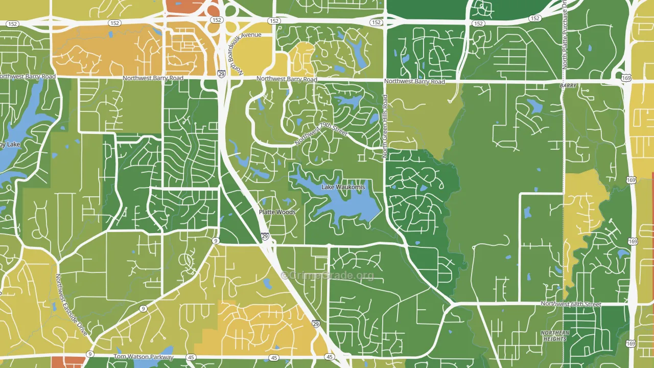 Lake Waukomis, MO Map of Robbery Rates