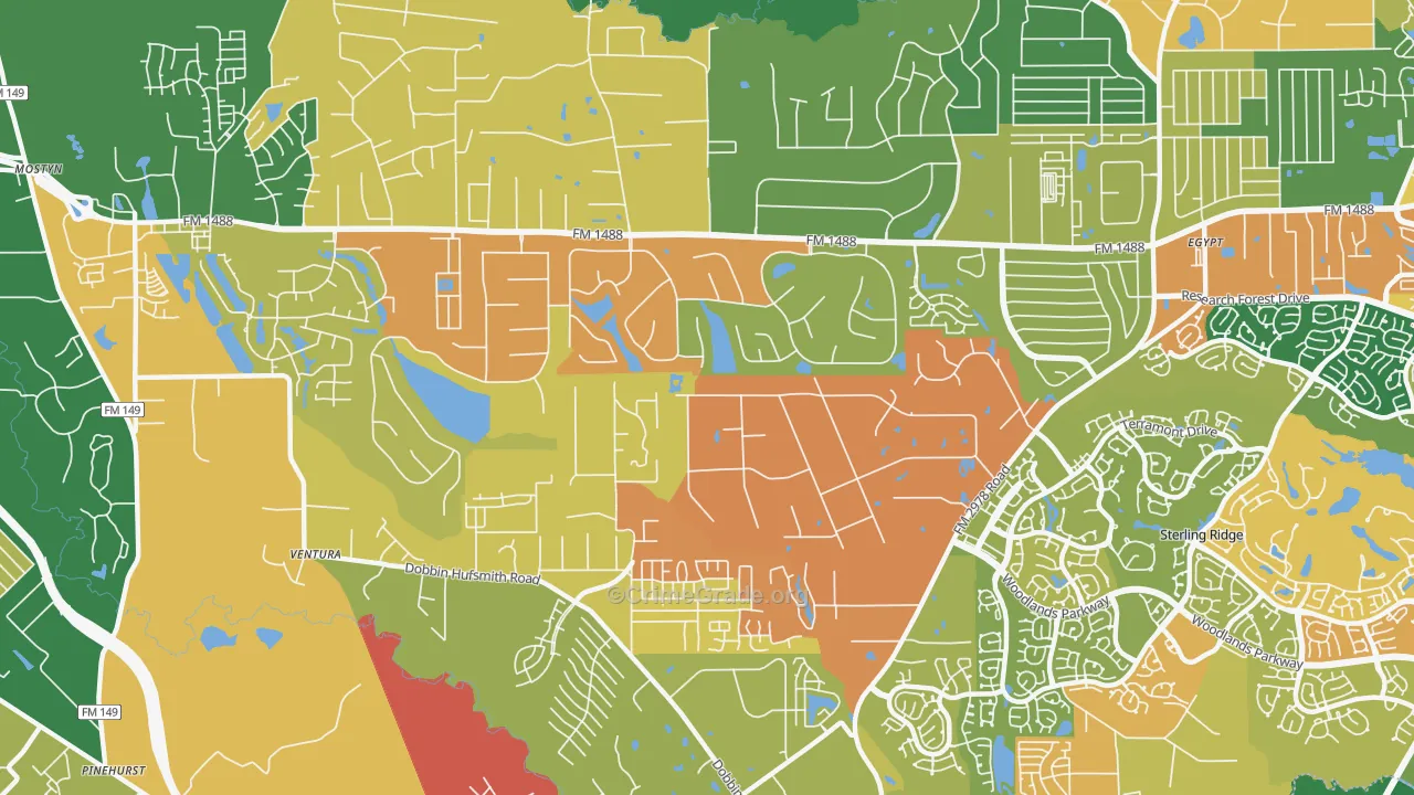 Lake Windcrest, Magnolia, TX Map of Robbery Rates