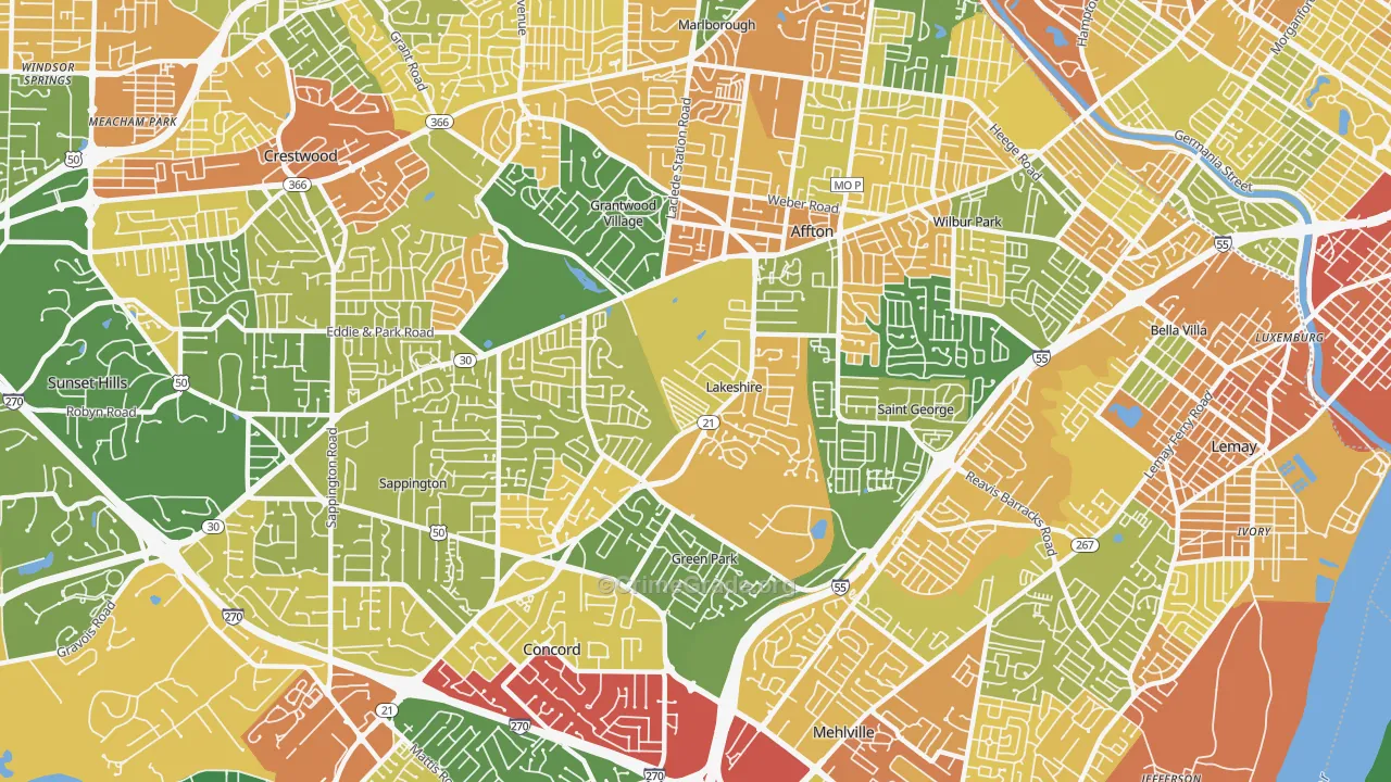 Lakeshire, MO Map of Robbery Rates