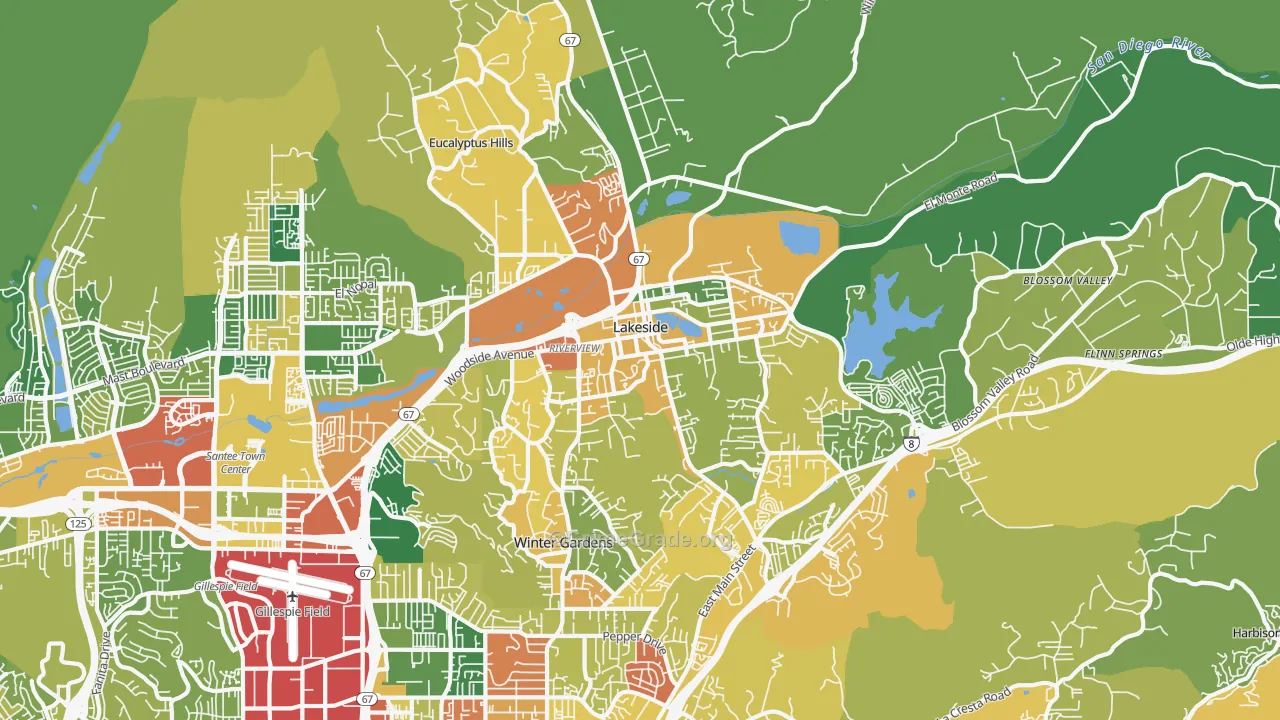 Lakeside, CA Map of Robbery Rates