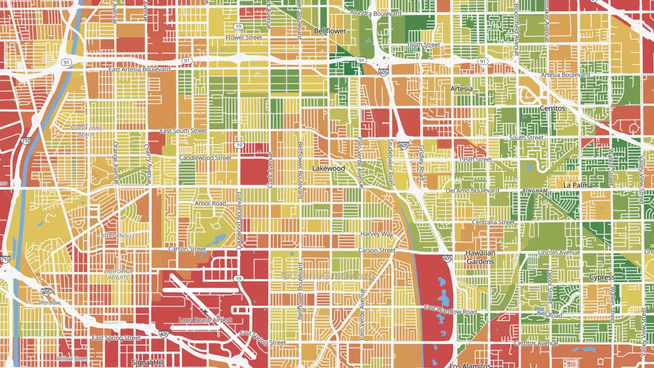 Lakewood, CA Map of Robbery Rates