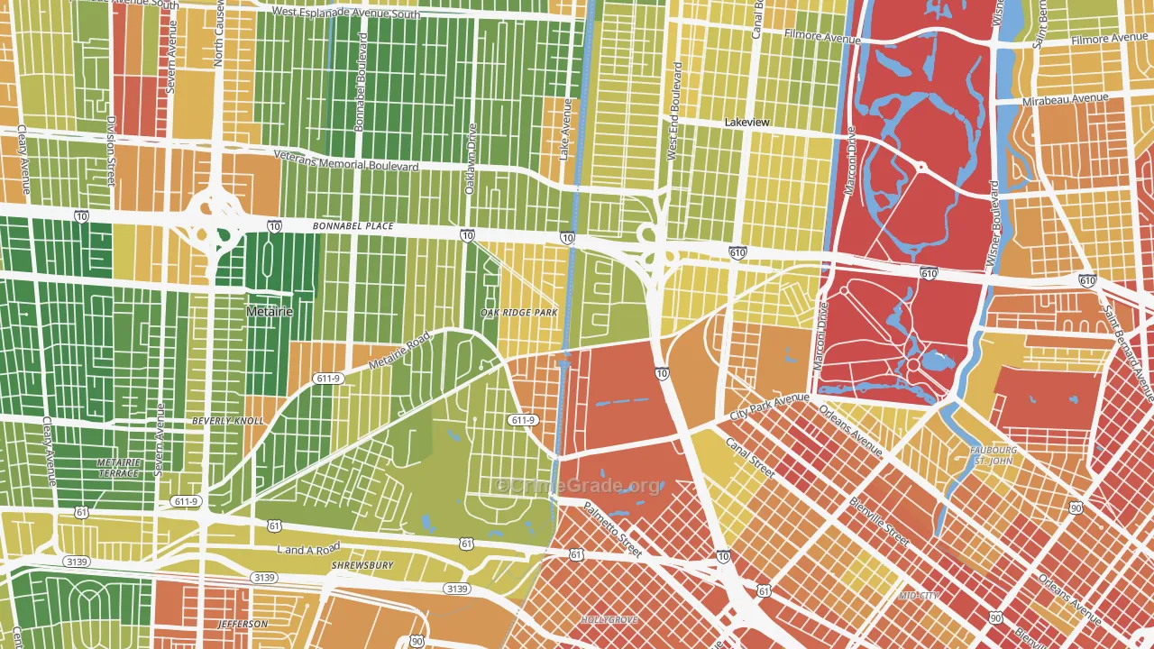 Lakewood, New Orleans, LA Map of Robbery Rates