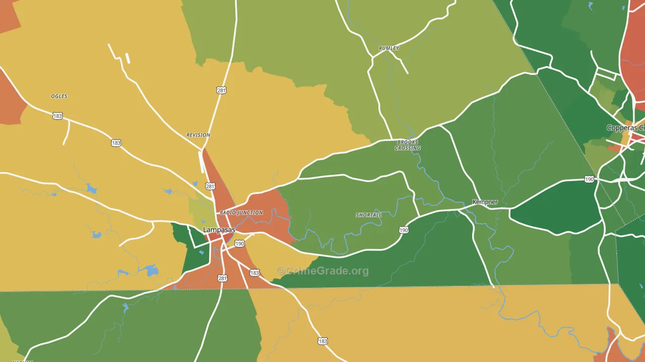 Lampasas County, TX Map of Robbery Rates