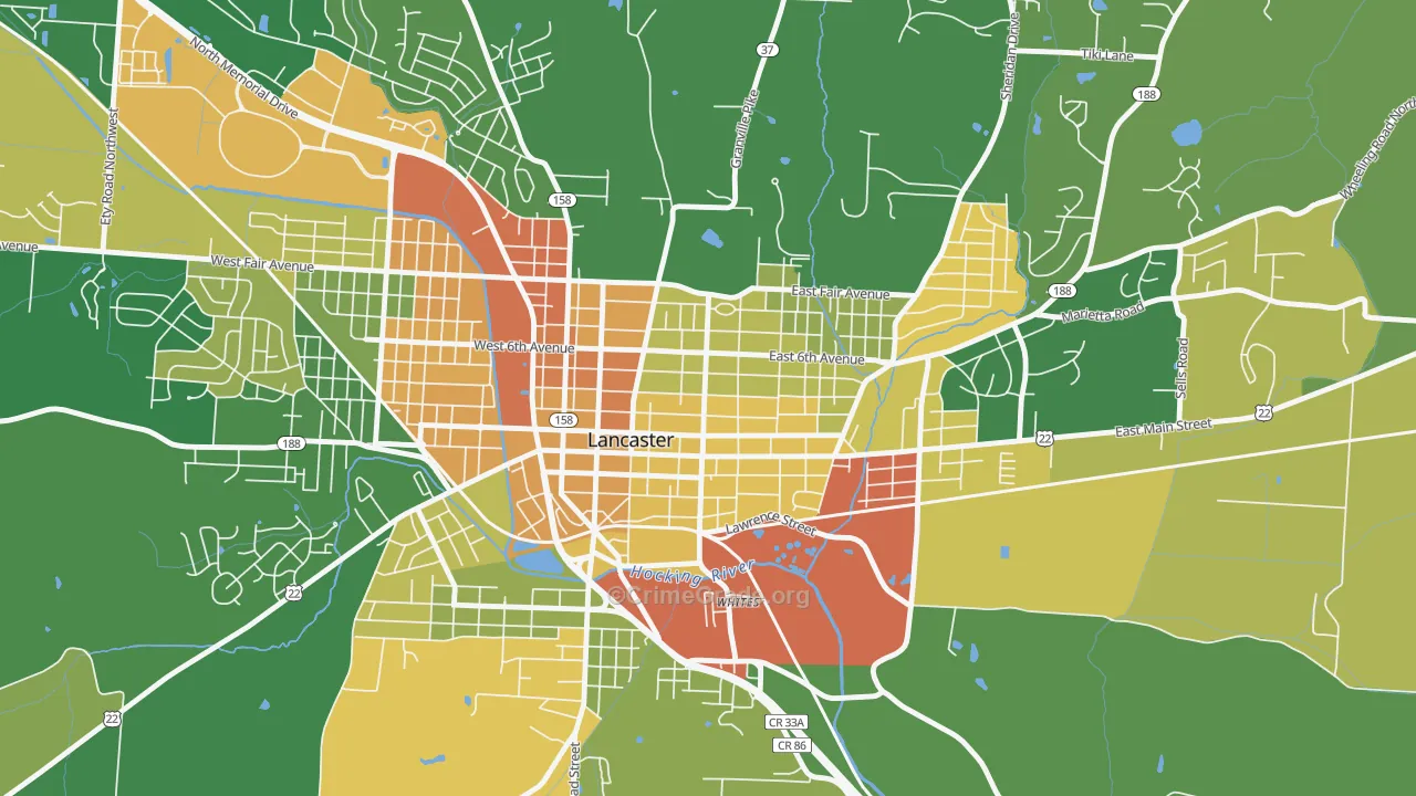 Lancaster Historic District, Lancaster, OH Map of Robbery Rates