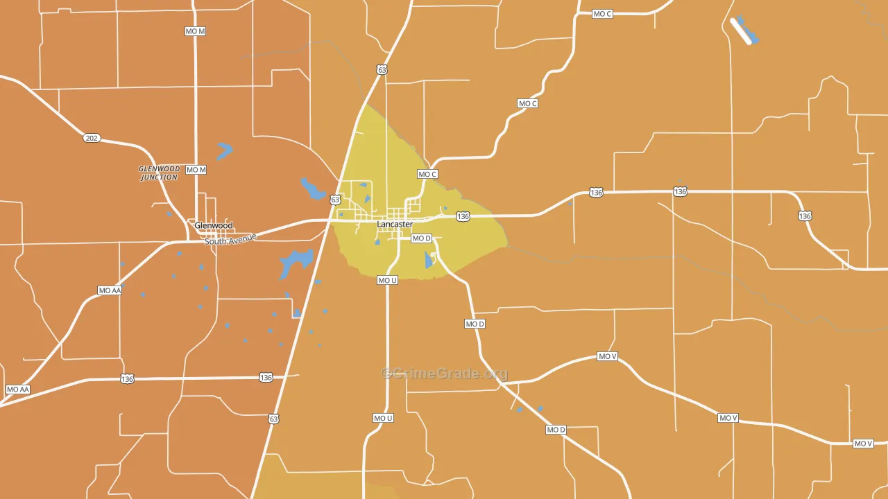 Lancaster, MO Map of Robbery Rates