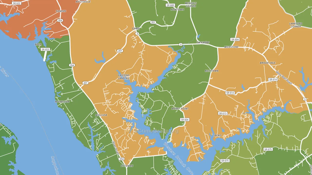 Lancaster, VA Map of Robbery Rates