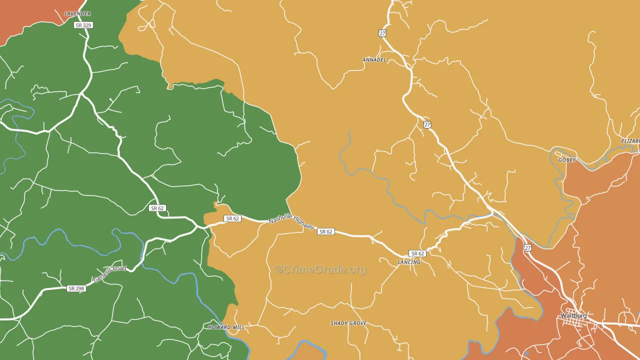 Lancing, TN Map of Robbery Rates
