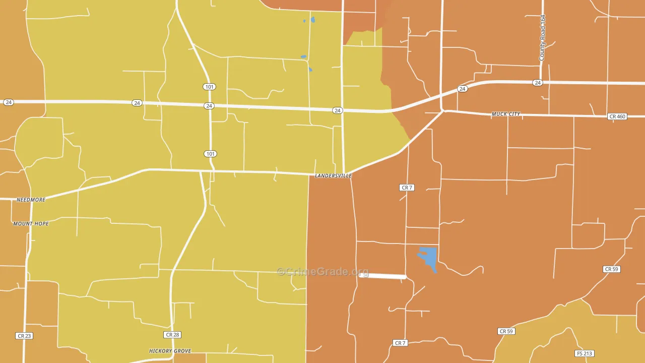 Landersville, AL Map of Robbery Rates