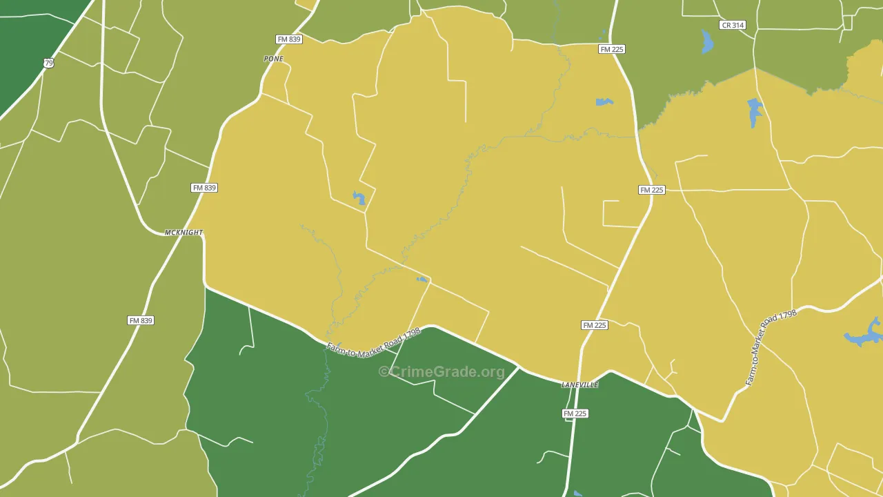 Laneville, TX Map of Robbery Rates