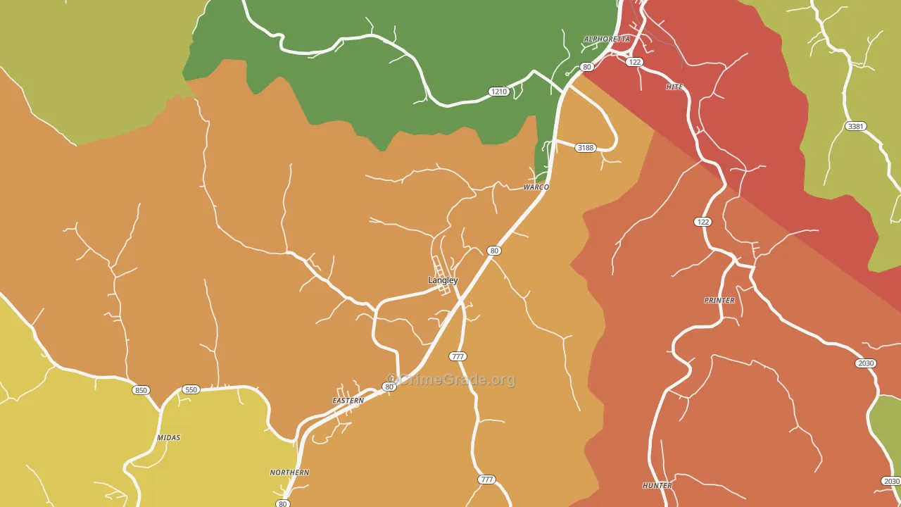 Langley, KY Map of Robbery Rates